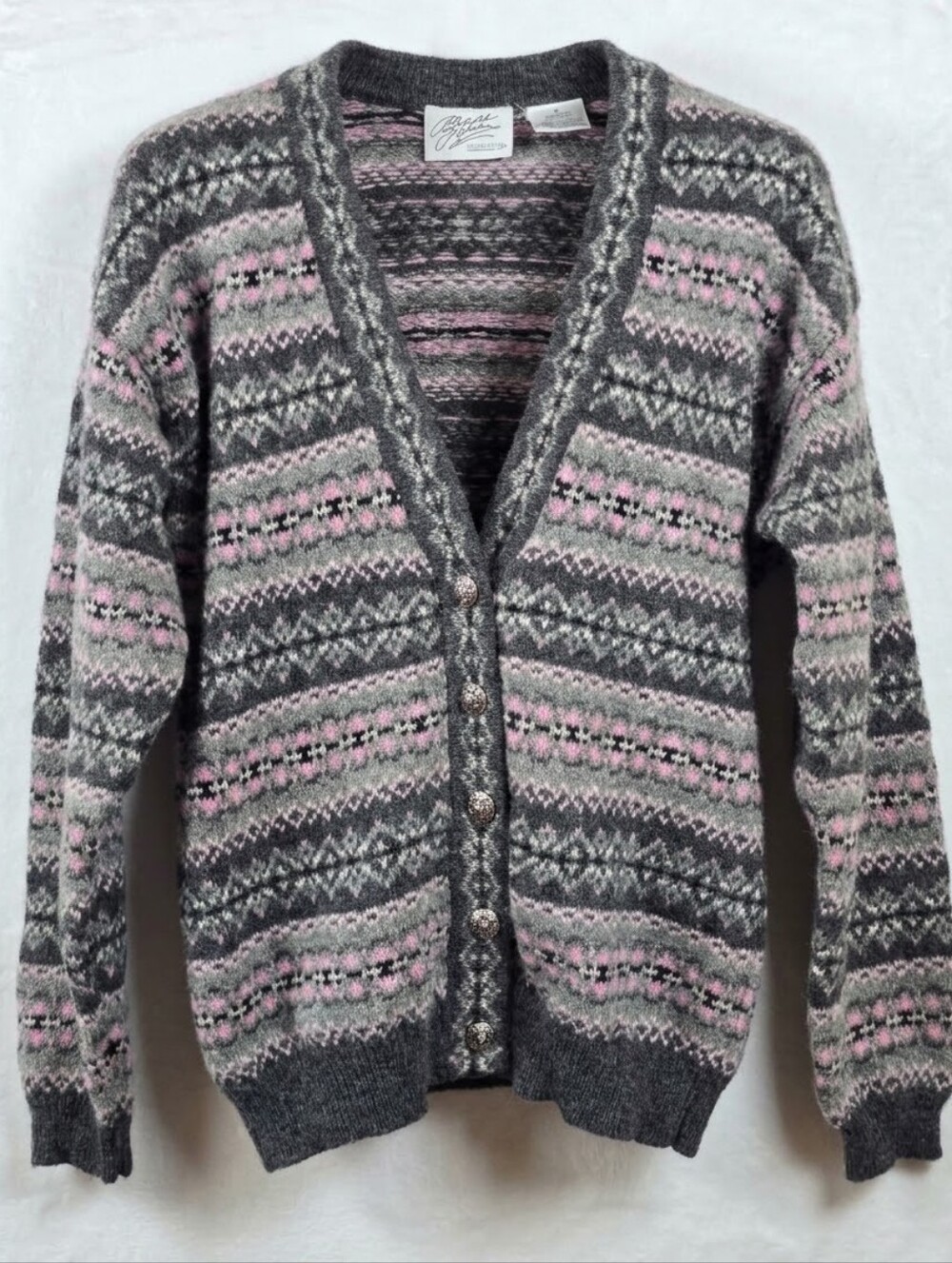Vintage Brass Plum Nordstrom 100% Shetland Wool Fair Isle Cardigan Sweater Sz.S
